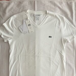 Lacoste Men's White V-Neck Tee with Green Crocodile Logo